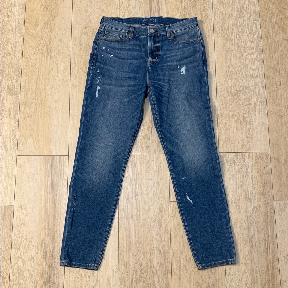 Etica Dark Blue Slim Distressed Jeans Paint Splatter Size 28